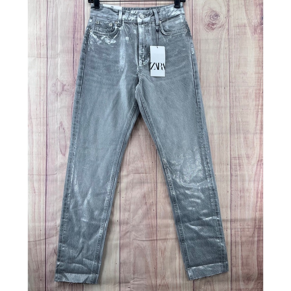 ZARA Metallic Slim Fit Mid Rise Jeans Silver Women Size 2 34